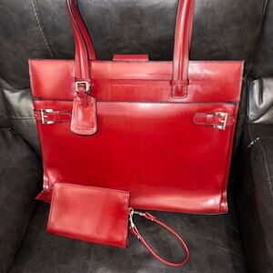 Franklin Covey Vintage Fire Red Napa Leather Briefcase Shoulder Bag & Coin Purse